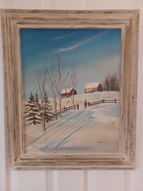 Original H. Yearsley Winter Farm Scene Oil on Canvas Wood Frame 18.5 x 22.5 in